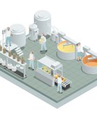 Contemporary cheese production factory floor with automated processing steps and personnel in uniform isometric composition vector illustration